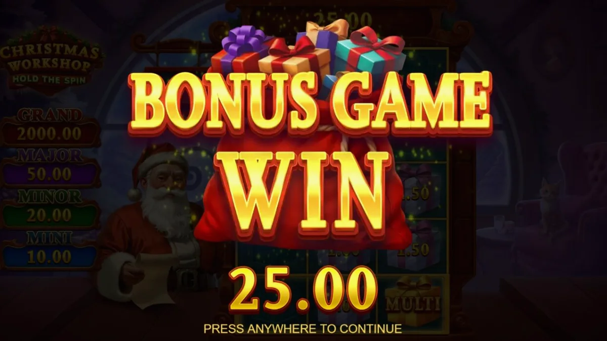 Interface festiva do slot Christmas Workshop Hold The Spin com presentes e elementos natalinos